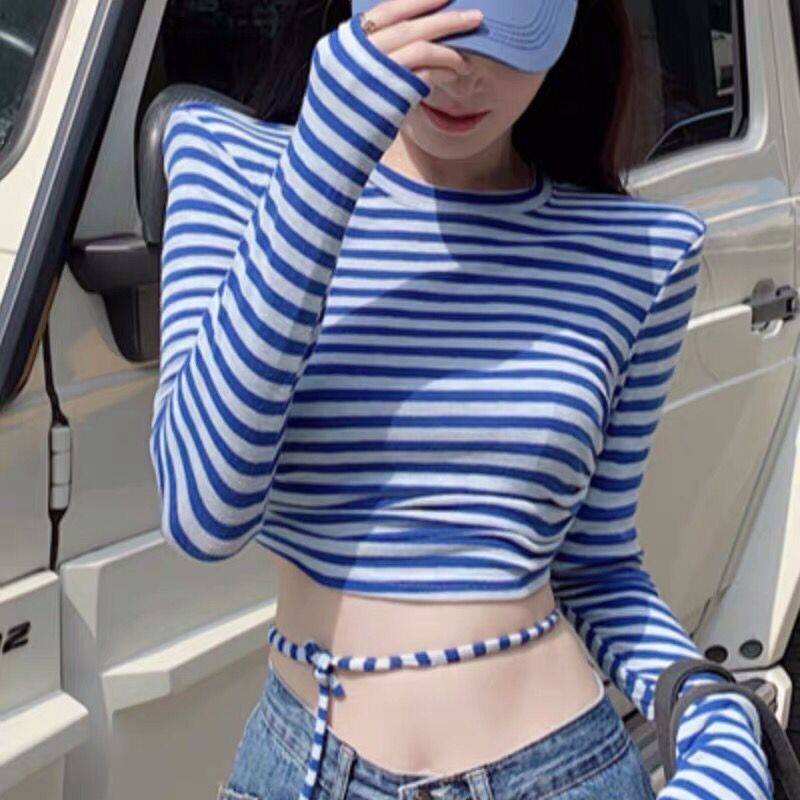 Striped T-shirt long sleeve color bump short style top